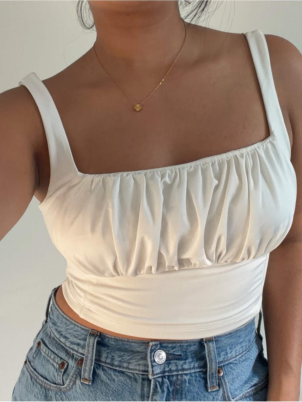 Women's White Ruched Square-Neck Tank Top